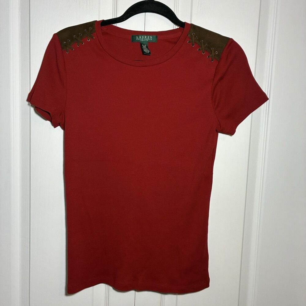 Ralph Lauren Red Ribbed Faux Suede Short Sleeve Blouse Shirt Top Sz Petite Large